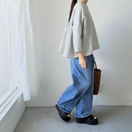 🟡週末入荷分予約受付中🟡 Linenya  リネンバッグギャザーブラウス　ライトグレー