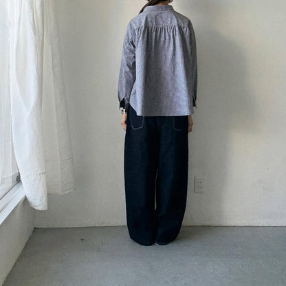 🟡週末入荷分予約受付中🟡Linenya  ギンガム丸襟長袖ブラウス　ホワイト×ブラック