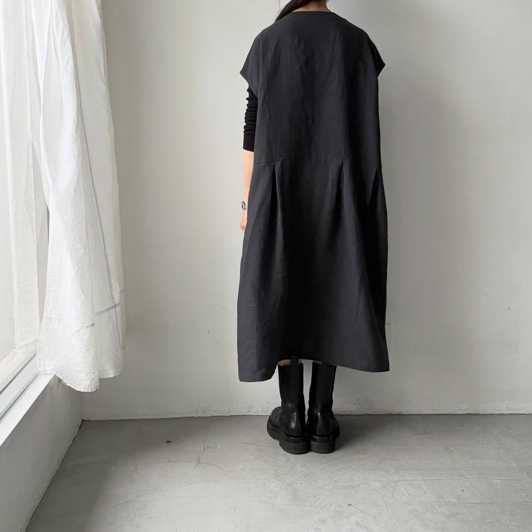 Linenya  リネンフレンチスリーブワンピース　チャコール
