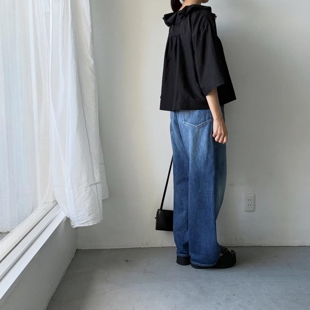 MAGALI コットンシルクブレイドフリルカラーブラウス　ブラック