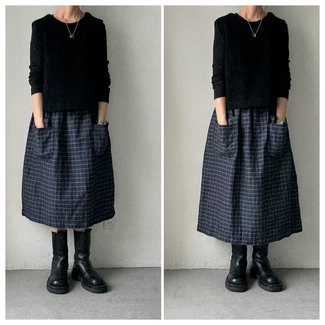 homspun コットンリネンチェックダブルポケットスカート　ネイビーチェック