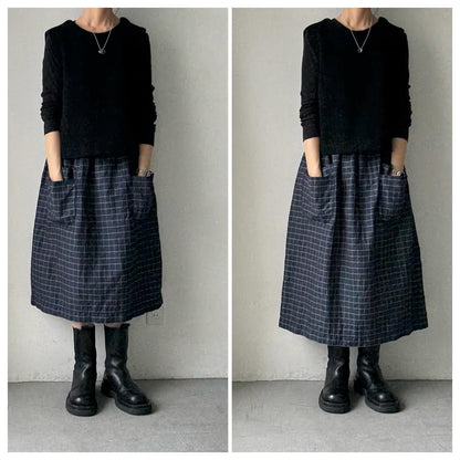 homspun コットンリネンチェックダブルポケットスカート　ネイビーチェック