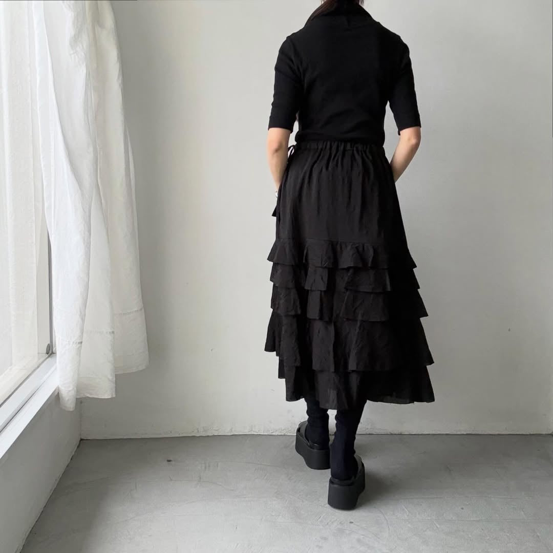 MAGALI コットンシルクブレイドティアードスカート　ブラック