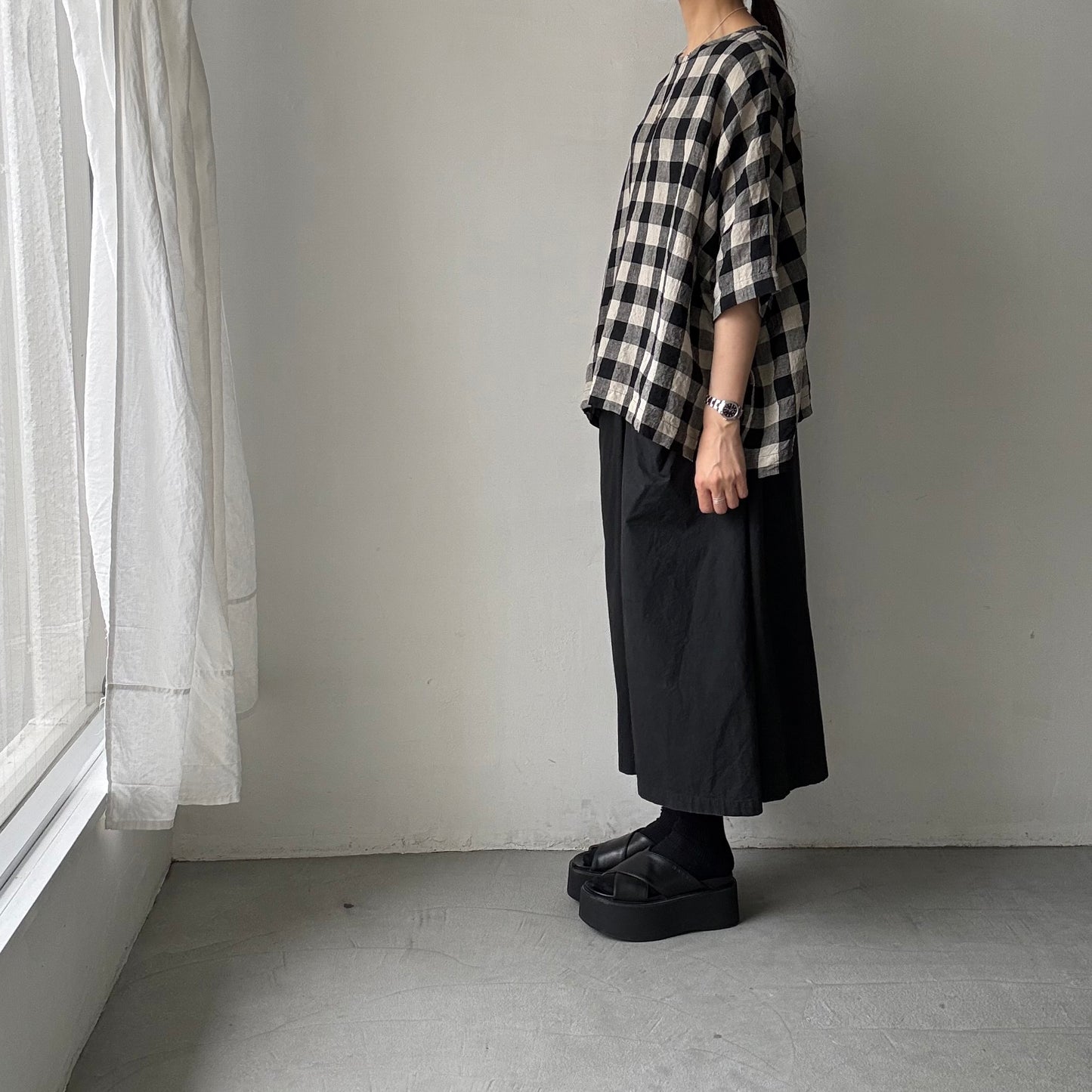 jujudhau ビッグチェックリネンワイドシャツ