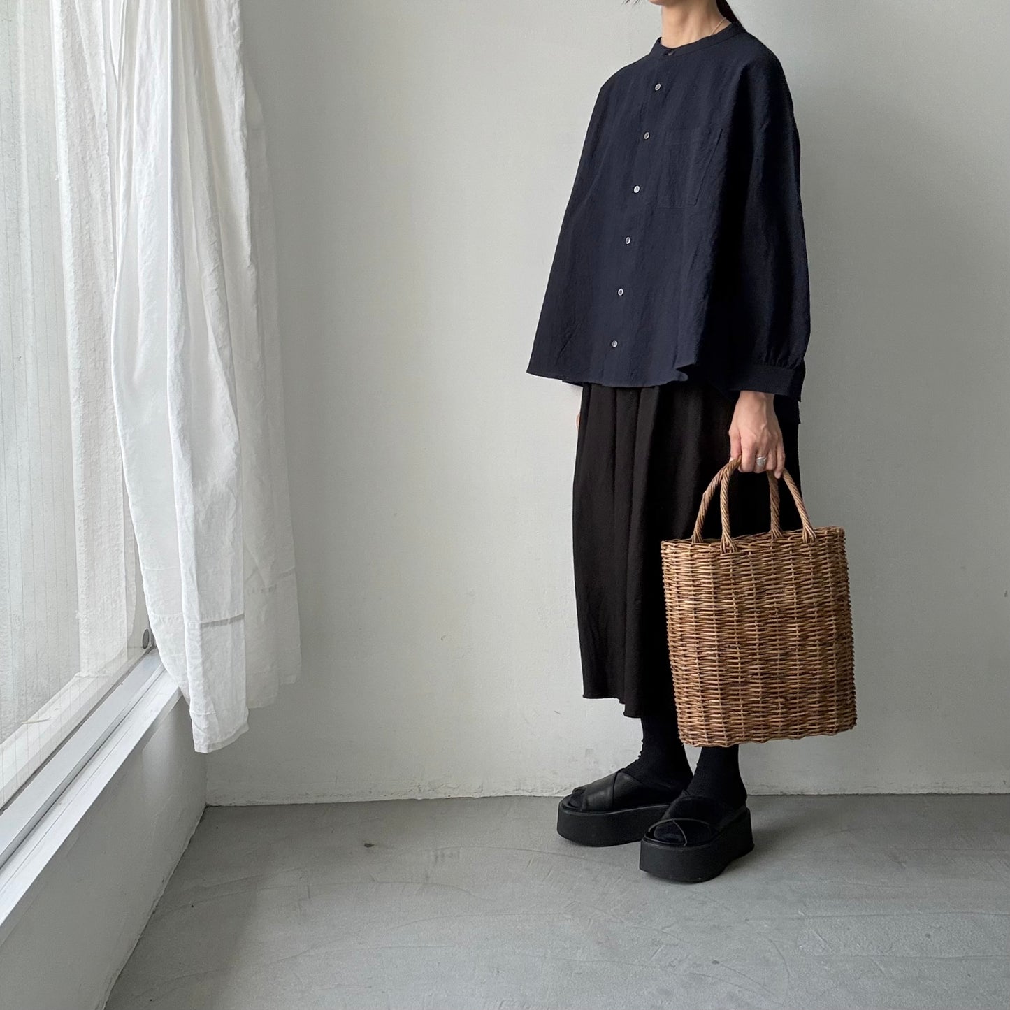 Linenya  リネンコットン千鳥格子バンドカラー長袖シャツ