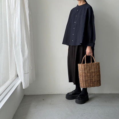 Linenya  リネンコットン千鳥格子バンドカラー長袖シャツ
