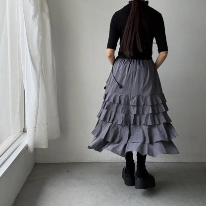 MAGALI コットンシルクブレイドティアードスカート　グレー