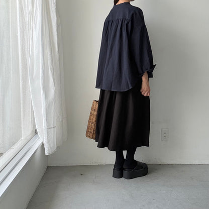 Linenya  リネンコットン千鳥格子バンドカラー長袖シャツ