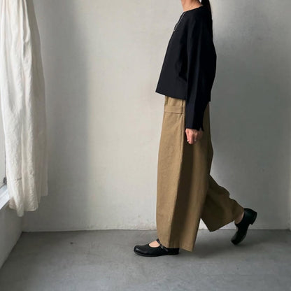 MAGALI コットンリネンアンティークキャンバスフラップパンツ　カーキ