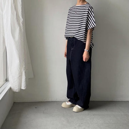 homspun  天竺ボーダー半袖プルオーバー　ホワイト×ブラック