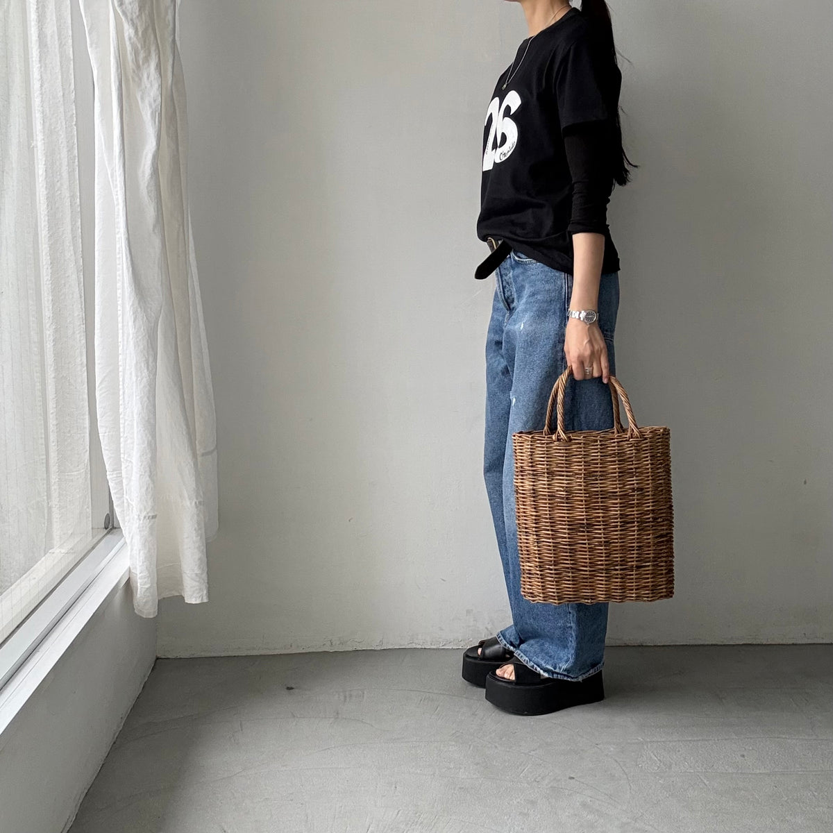 OLDMANS TAILOR   ブラシストロークプリント半袖Tシャツ　ブラック