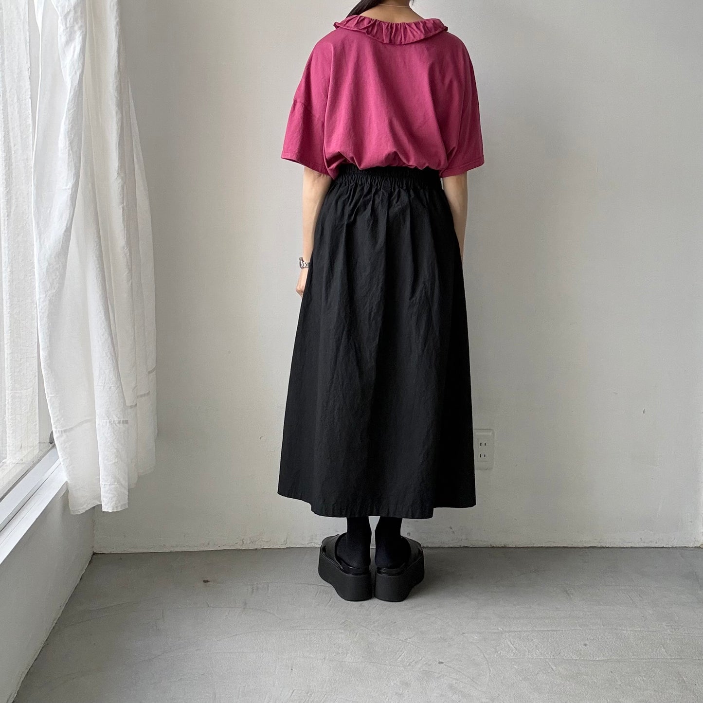 homspun 天竺フリルカラー半袖プルオーバー　ワイン