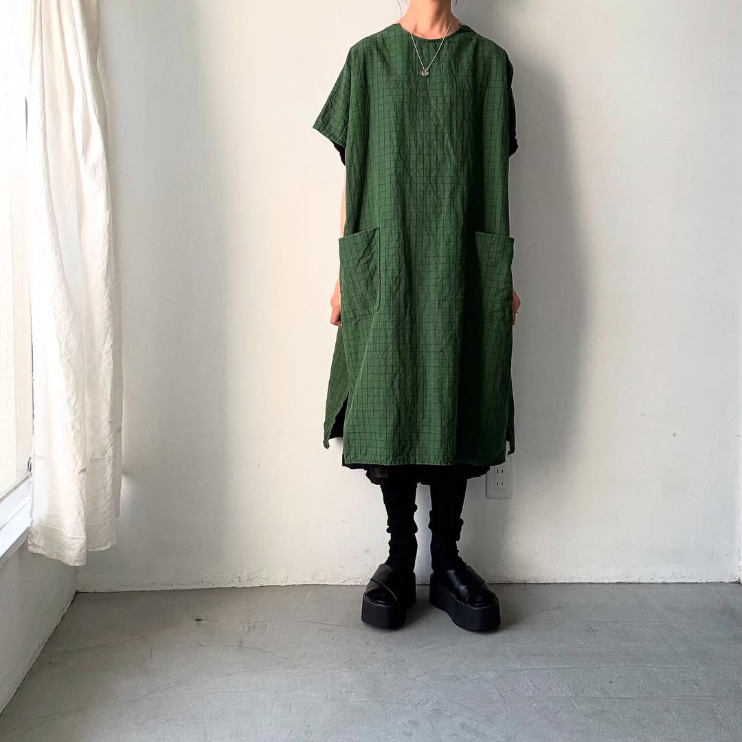 homspun コットンリネンチェックワンピース　グリーンチェック