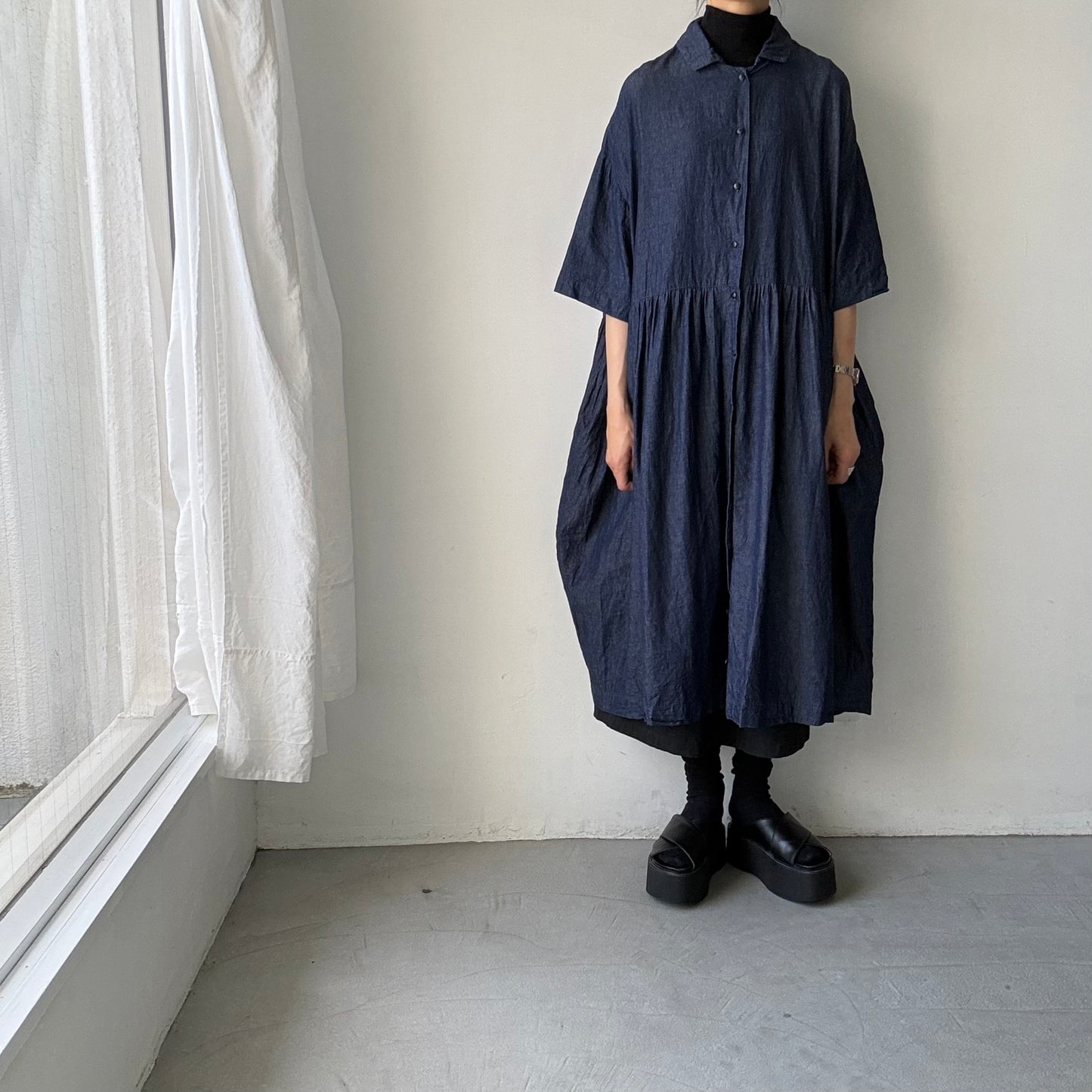 jujudhau  デニムハーフスリーブドレス