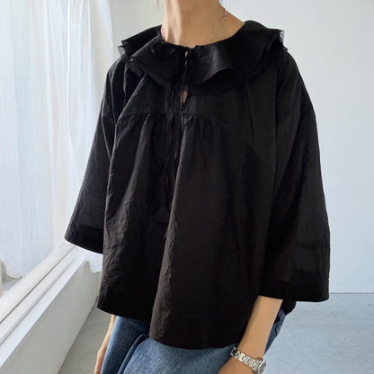 MAGALI コットンシルクブレイドフリルカラーブラウス　ブラック