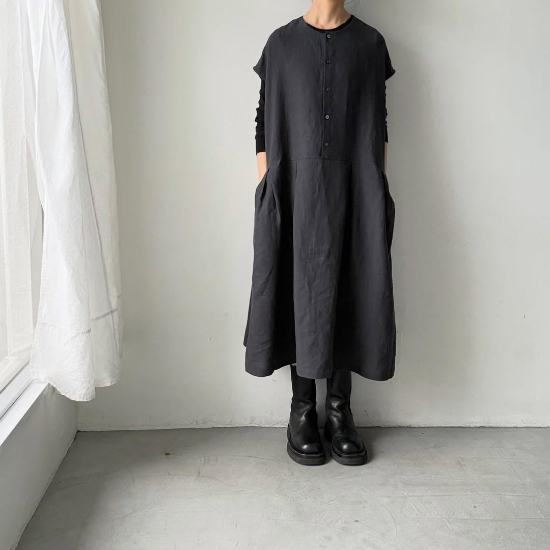 Linenya  リネンフレンチスリーブワンピース　チャコール