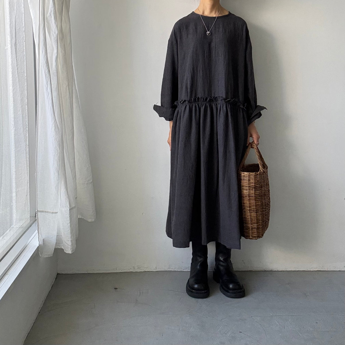 atelier naruse  ウールコットン千鳥チェックカットオフワンピース