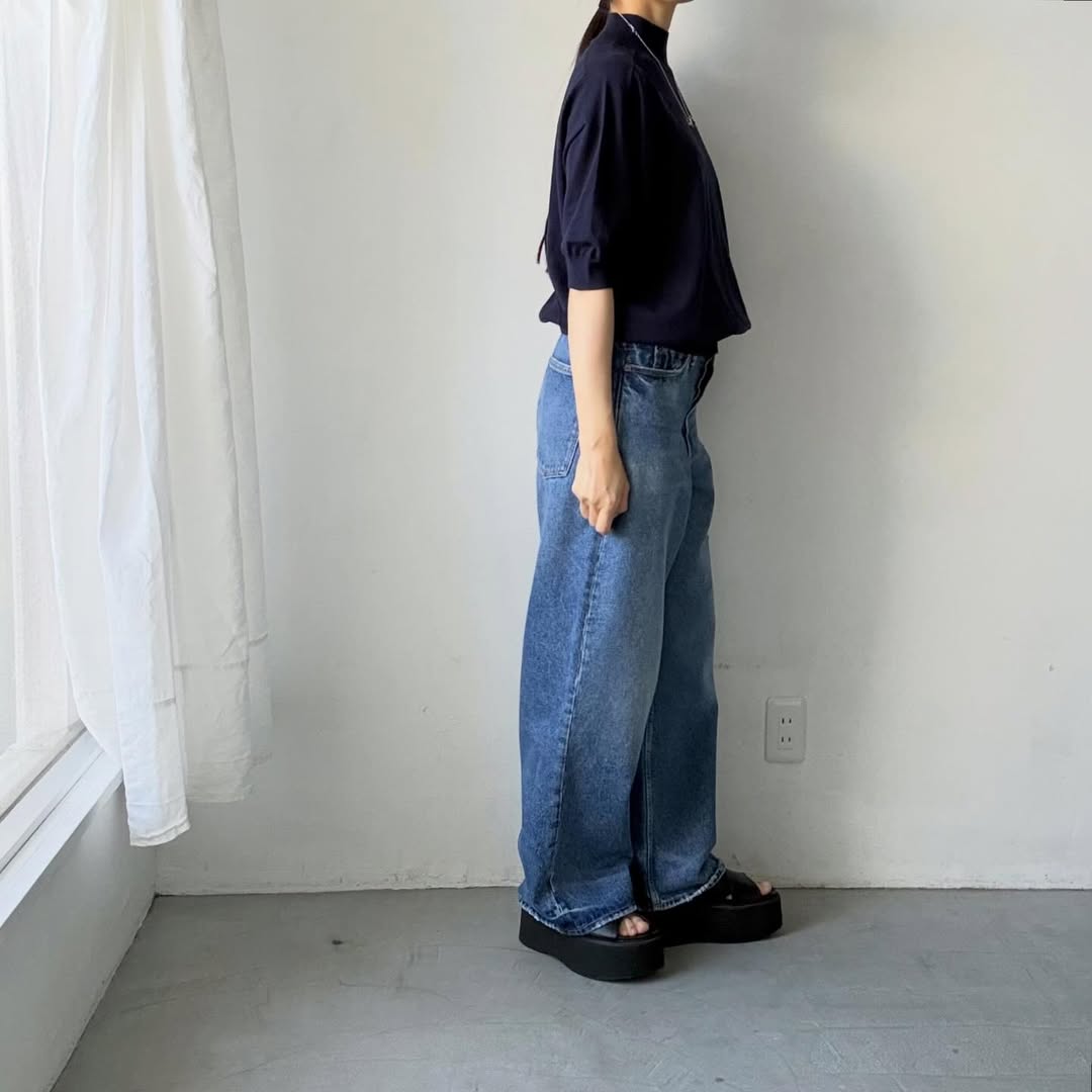 🟡木曜入荷分予約受付中🟡as it is   モックネックコットン5分袖ニット　ネイビー　