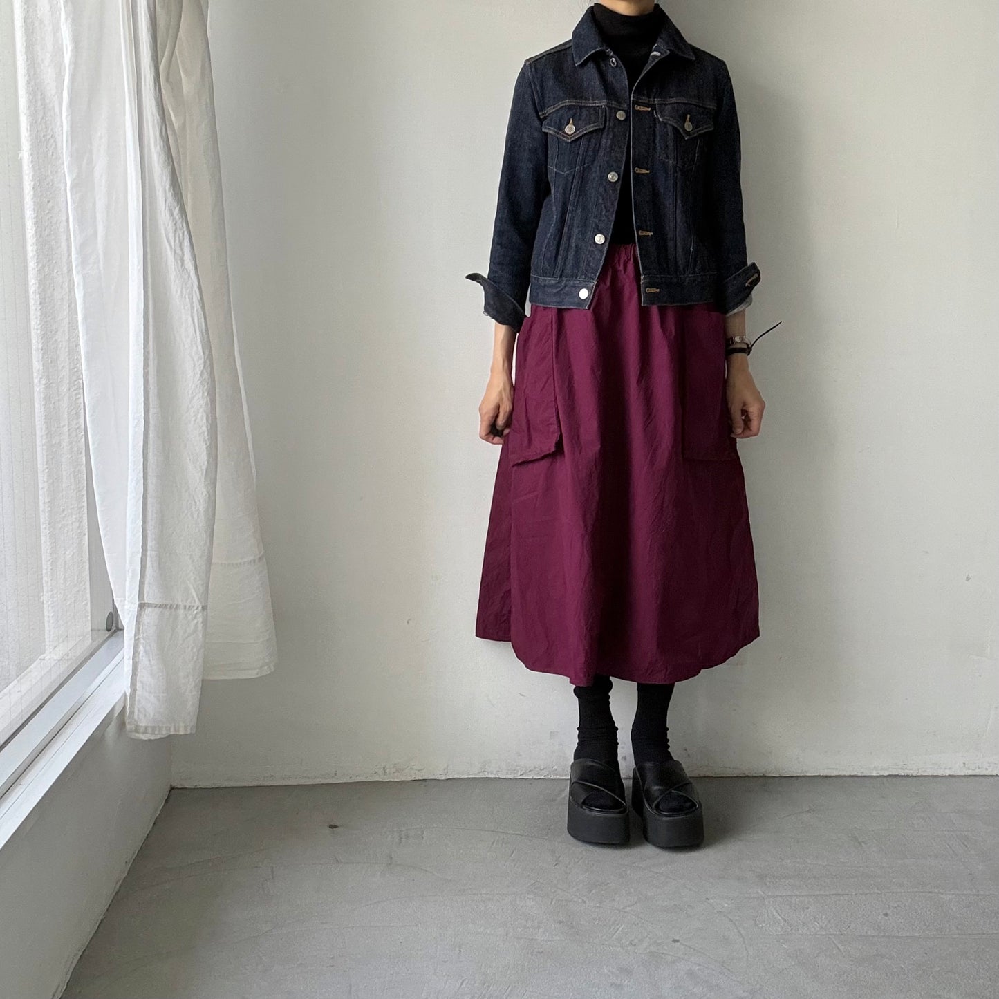 R&D.M.Co 　シュリンクコットンガーメントダイポケットスカート　プラム