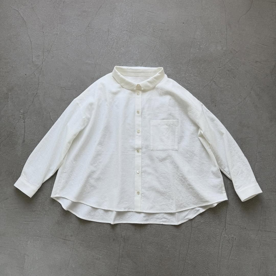 Linenya  コットン丸襟長袖ブラウス　ホワイト