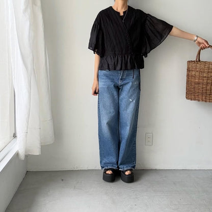 MAGALI コットンレースカシュクールブラウス　ブラック