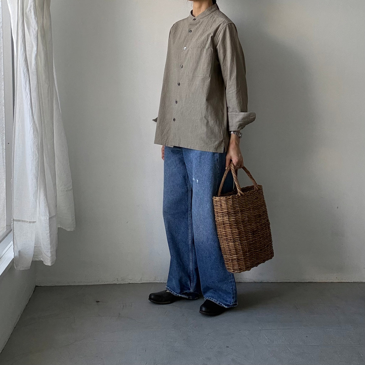 atelier naruse  オーガニックコットングレンチェックバンドカラーシャツ
