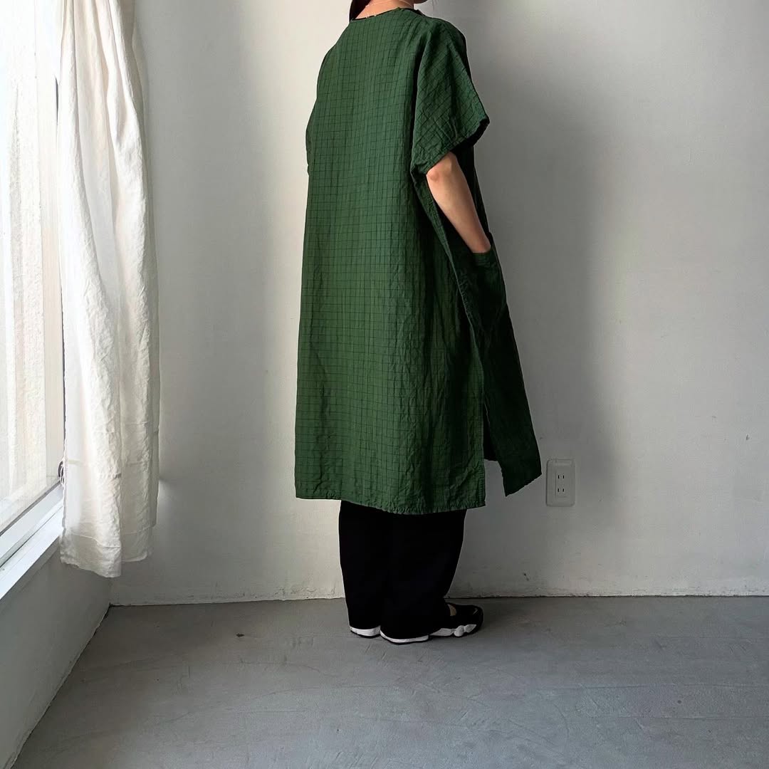 homspun コットンリネンチェックワンピース　グリーンチェック