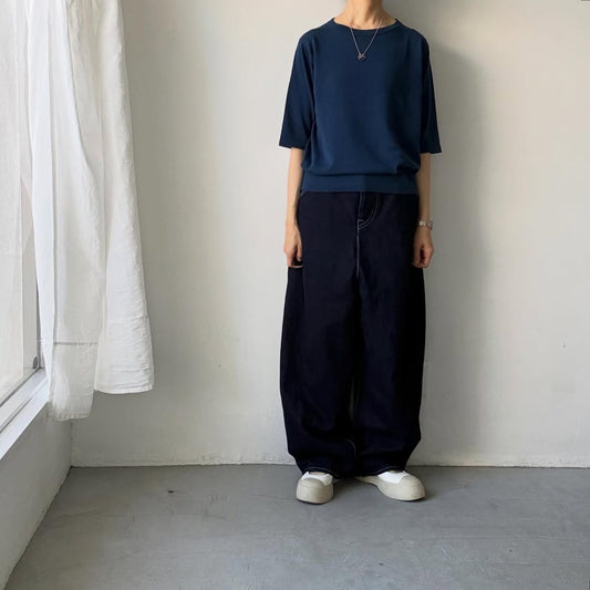 homspun ソフトコンパクトヤーン5分袖ニットプルオーバー　アイアンブルー