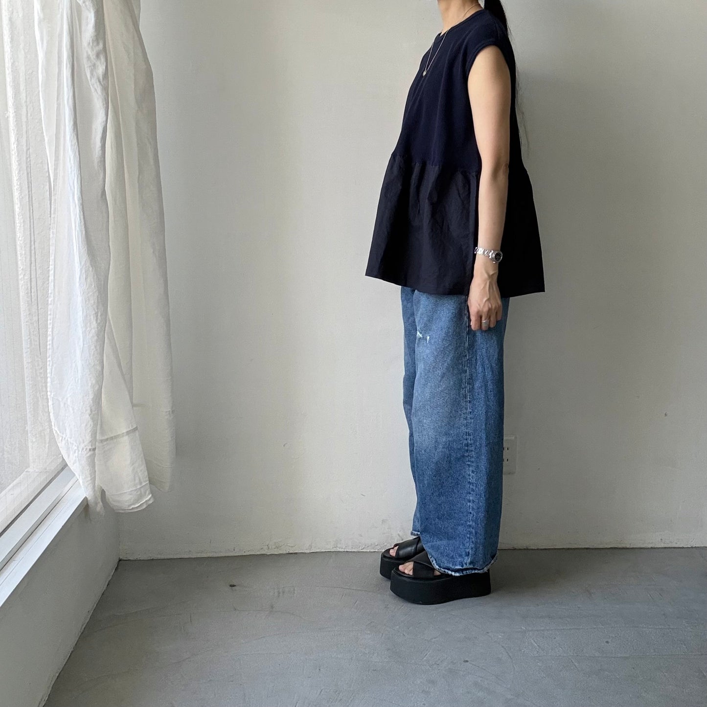 homspun  ワッフルノースリーブプルオーバー　ネイビー×ネイビー