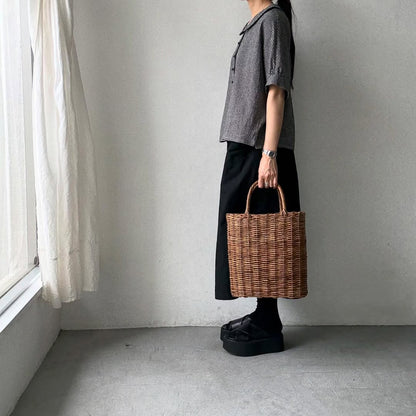 MAGALI リネンコットンギンガムフラットカラーブラウス
