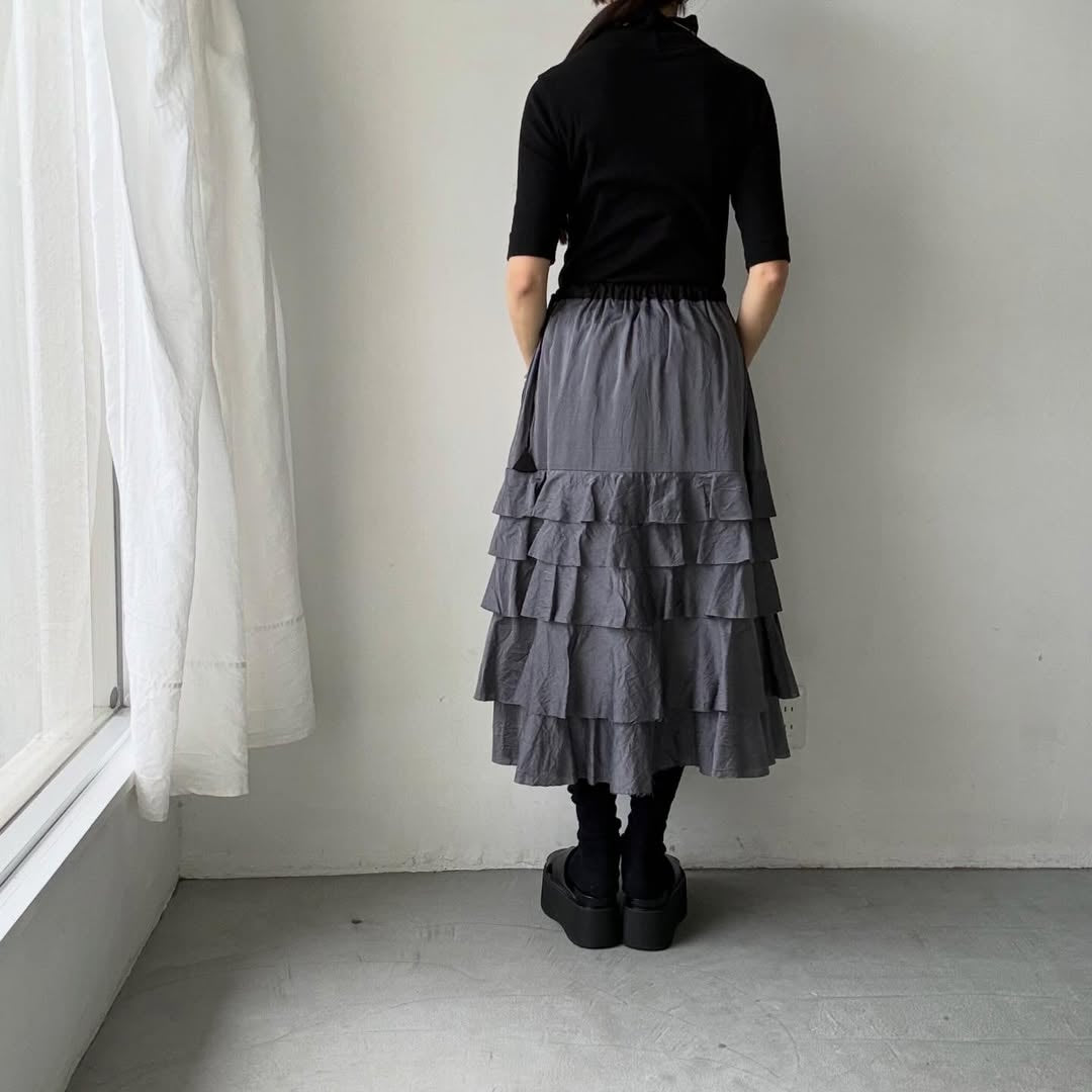 MAGALI コットンシルクブレイドティアードスカート　グレー