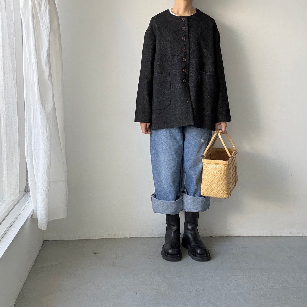 MAGALI  ウールリネンヘリンボンミディアムジャケット　ブラック