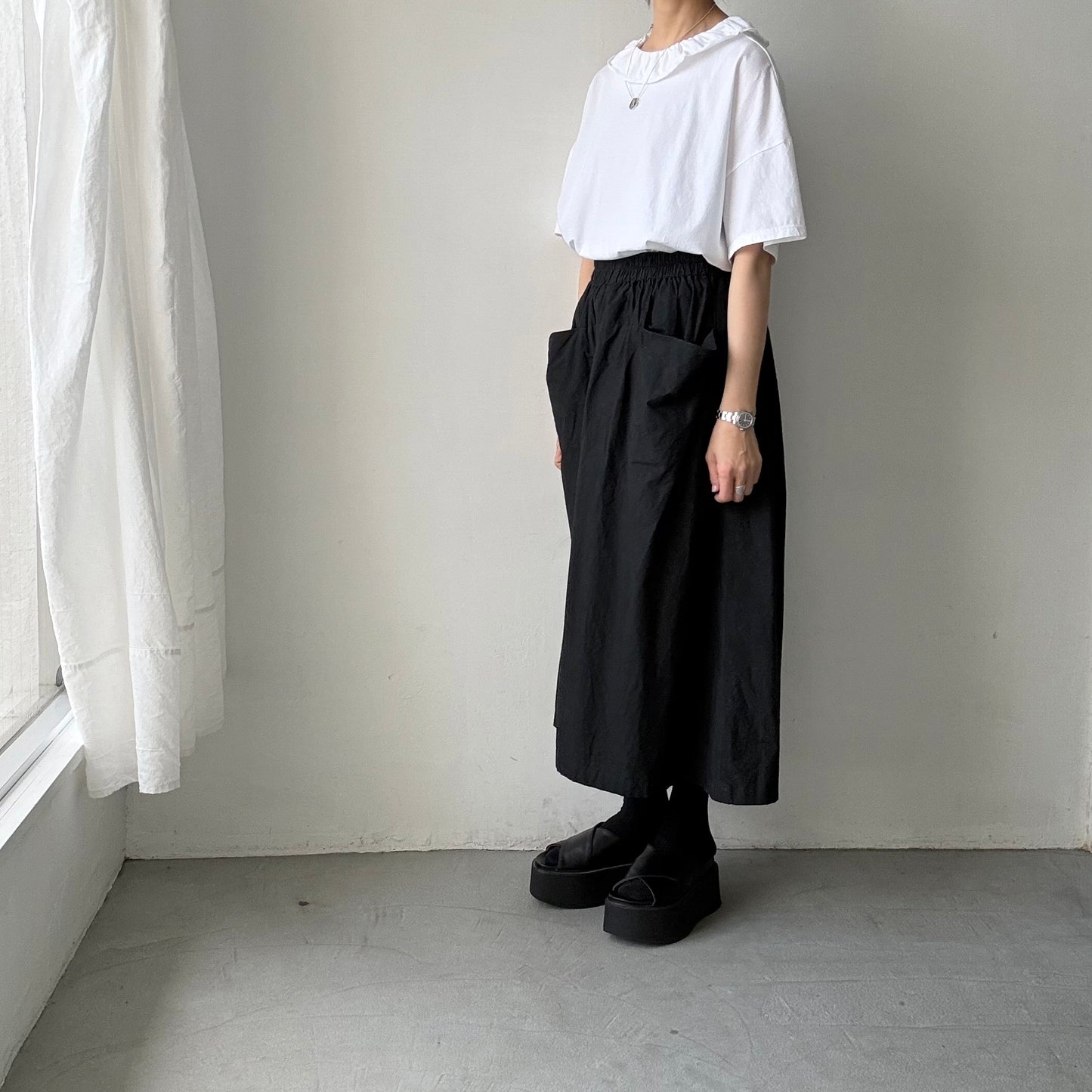homspun 天竺フリルカラー半袖プルオーバー　ホワイト