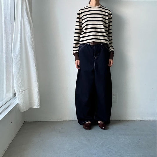 atelier naruse ウールコットンボーダーニット　ベージュ×ブラウン