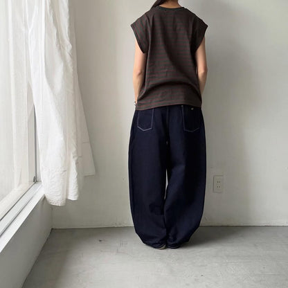 homspun  天竺ボーダーノースリーブプルオーバー　グリーン×ブラウン