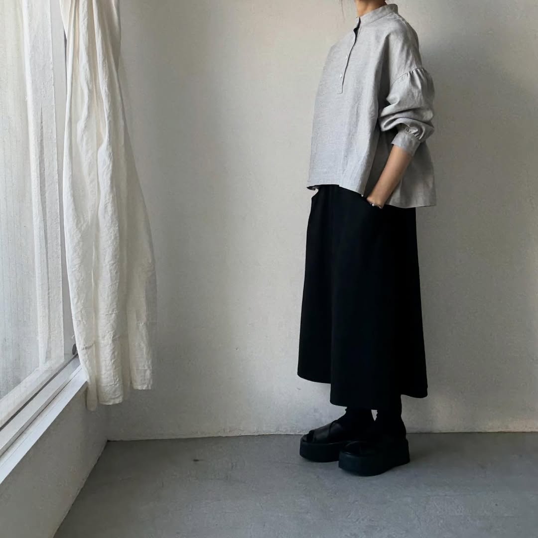 Linenya  コットンリネンウール長袖スタンドカラーブラウス