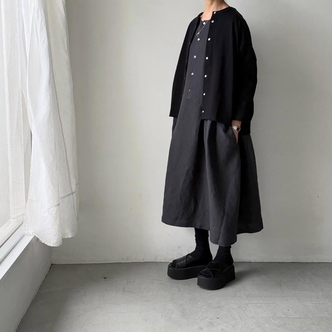 Linenya  リネンフレンチスリーブワンピース　チャコール