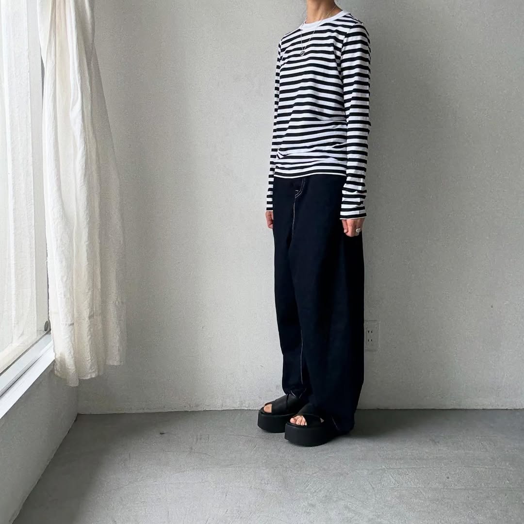 R&D.M.Co ガーゼボーダー長袖Tシャツ　ブラック　Mサイズ