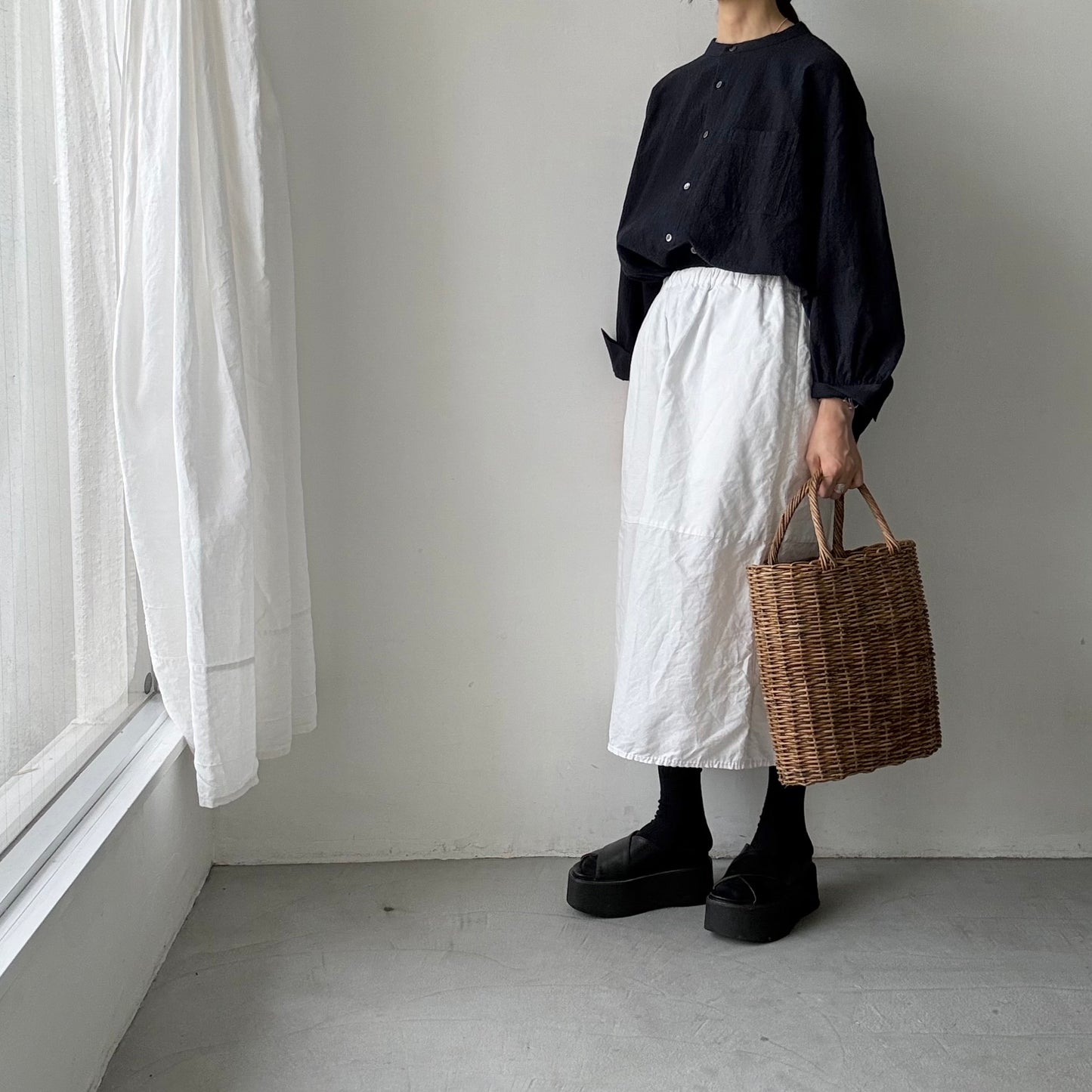 Linenya  リネンコットン千鳥格子バンドカラー長袖シャツ