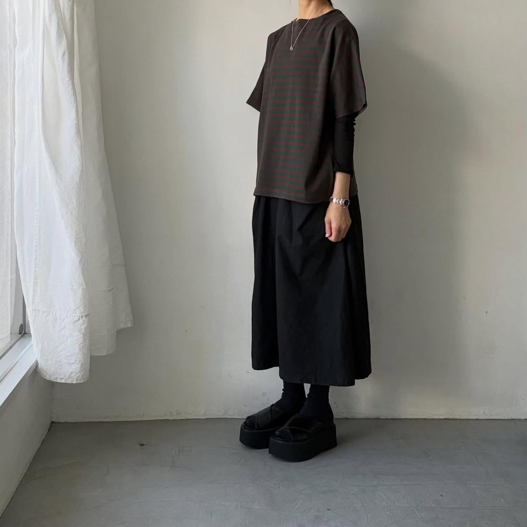 homspun  天竺ボーダー半袖プルオーバー　グリーン×ブラウン