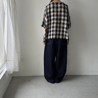 jujudhau ビッグチェックリネンワイドシャツ