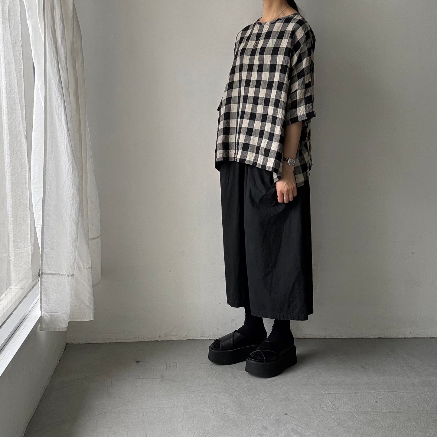 jujudhau ビッグチェックリネンワイドシャツ