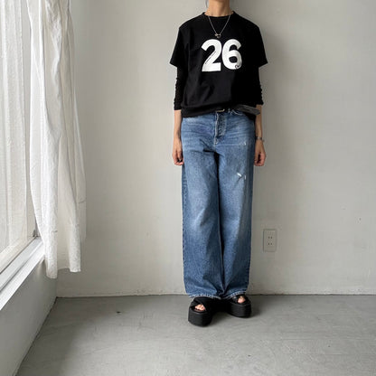 OLDMANS TAILOR   ブラシストロークプリント半袖Tシャツ　ブラック