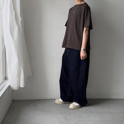 homspun  天竺ボーダー半袖プルオーバー　グリーン×ブラウン