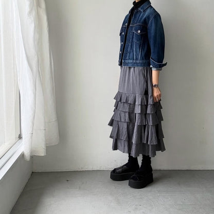 MAGALI コットンシルクブレイドティアードスカート　グレー