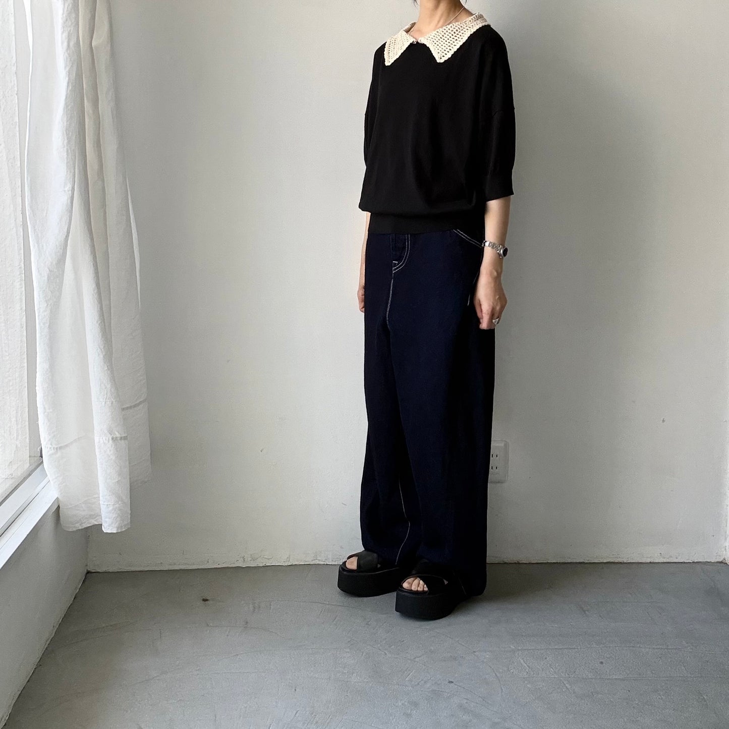 atelier naruse  コットンクロシェカラーニット　ブラック
