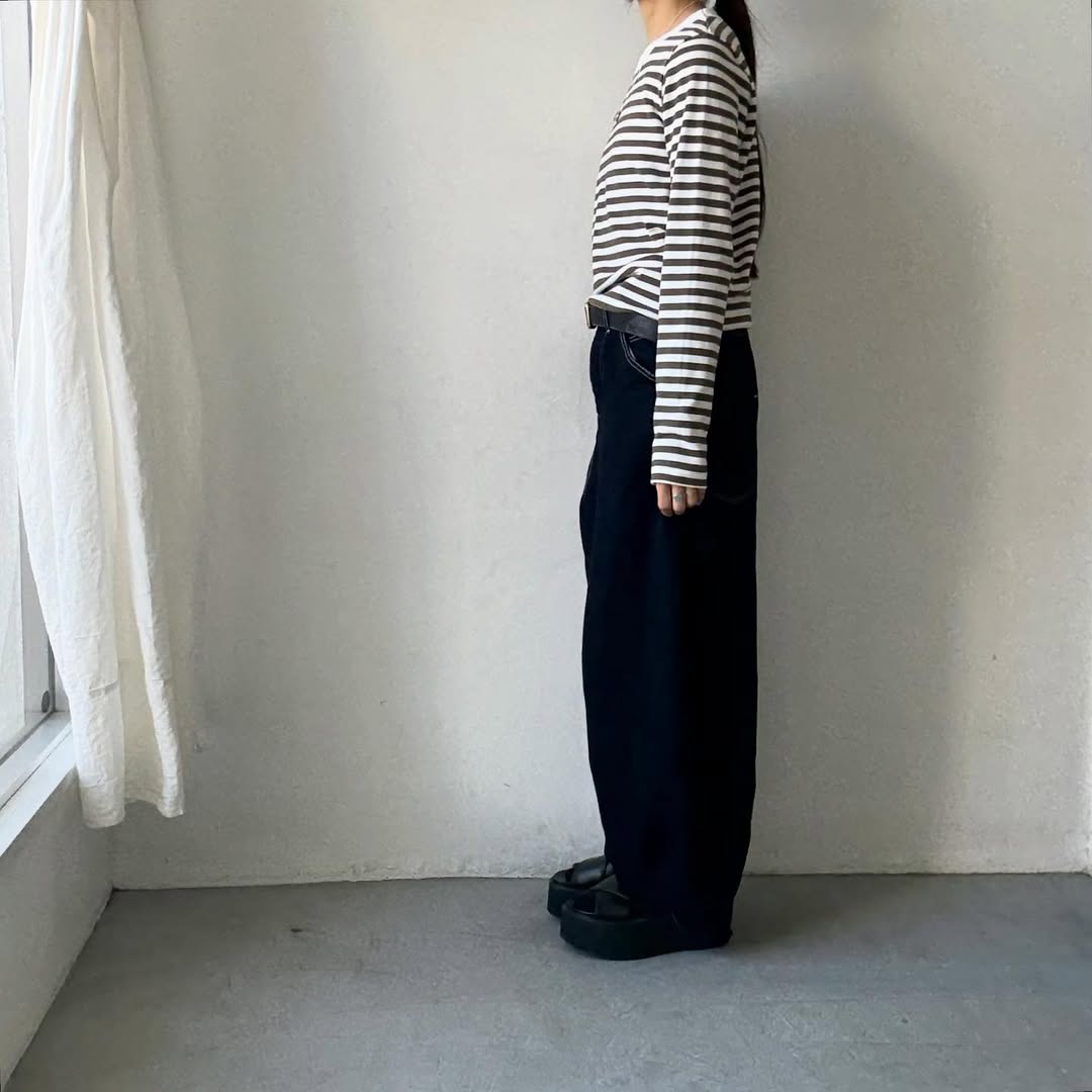 R&D.M.Co 裏起毛ボーダークルーネック長袖Tシャツ　ホワイト×カーキ