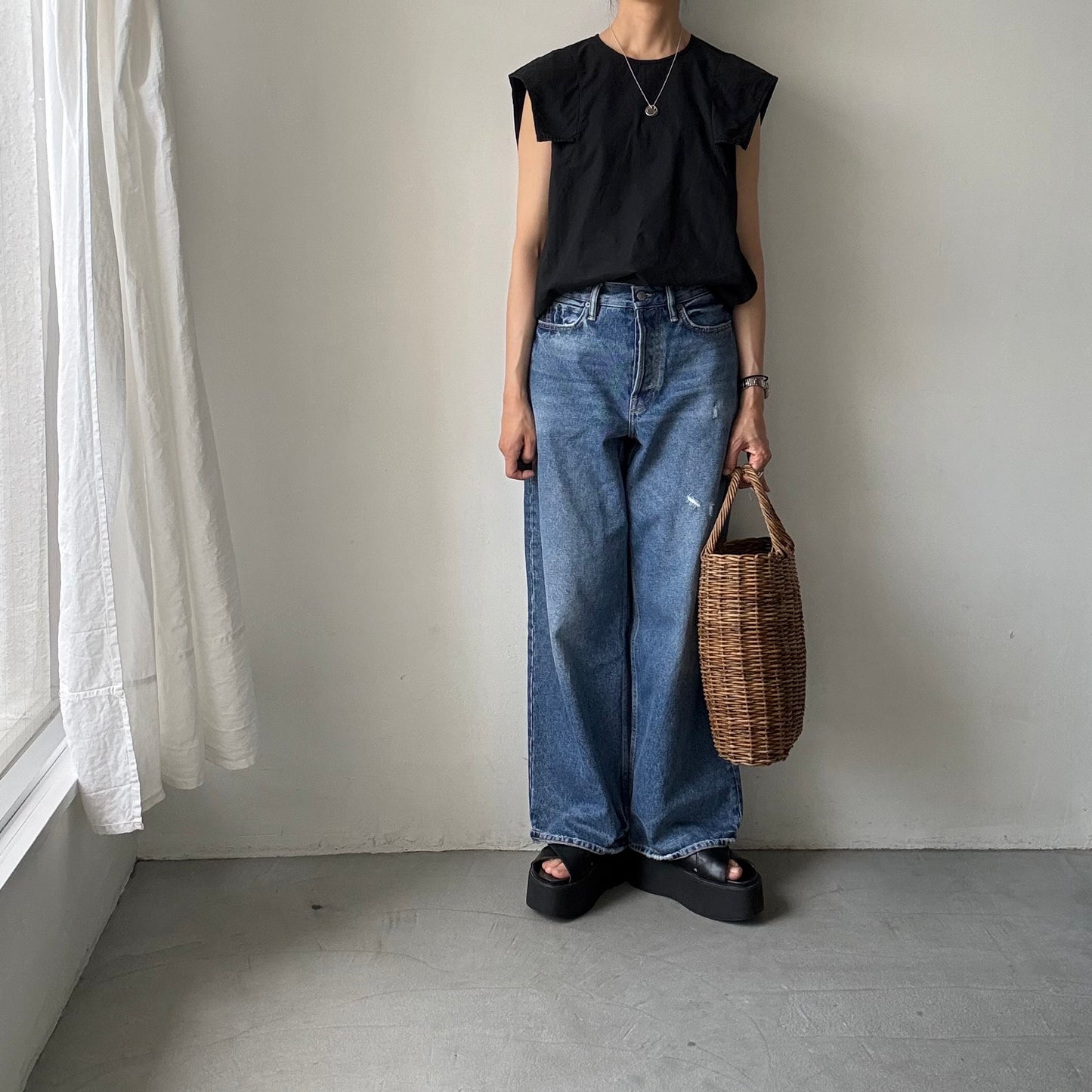 homspun  パルキーシーチングノースリーブブラウス　ブラック