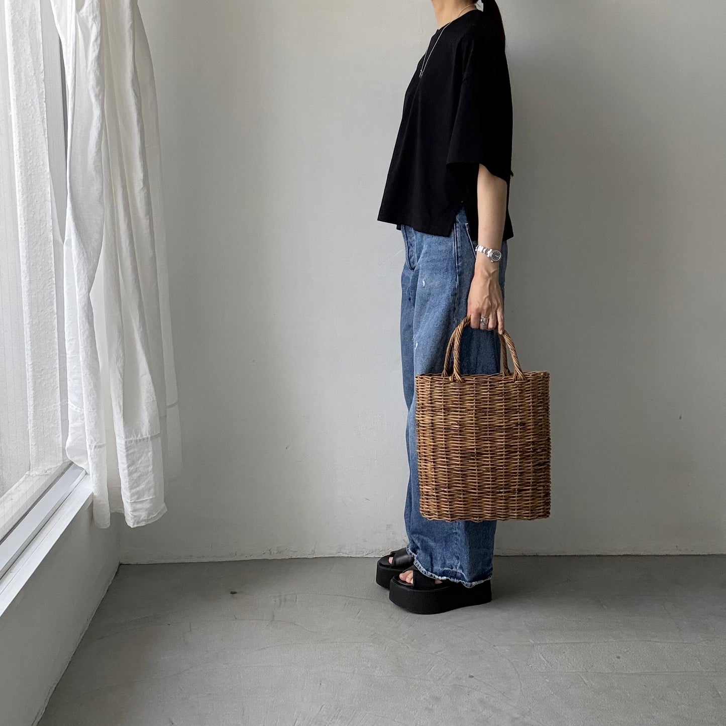 atelier naruse  コットン5分袖カットソー　ブラック