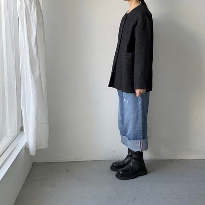 MAGALI  ウールリネンヘリンボンミディアムジャケット　ブラック